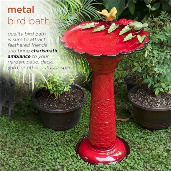 28" Tall Outdoor Metal Birdbath with Birds and Leaves Yard - Picture 4 of 7